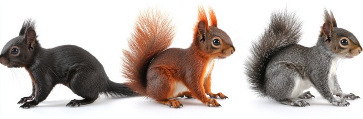 A collection of squirrels in various colors (red, brown, grey, and black), presented as an isolated animal bundle on a transparent white PNG background.
