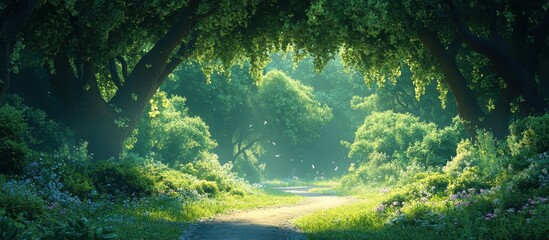 Obraz premium Enchanting Sunlit Forest Pathway Surrounded by Lush Greenery and Vibrant Wildflowers in a Serene Natural Setting