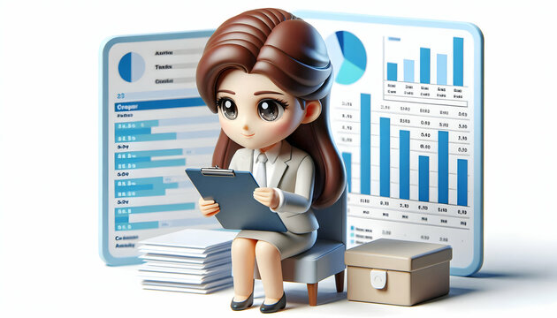3D Businesswoman analyzing financial spreadsheets in environment setting copy space concept as A businesswoman analyzes financial spreadsheets in an environment setting focusing on marginal cost calcu