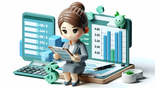 3D Businesswoman analyzing financial spreadsheets in environment setting copy space concept as A businesswoman analyzes financial spreadsheets in an environment setting focusing on marginal cost calcu