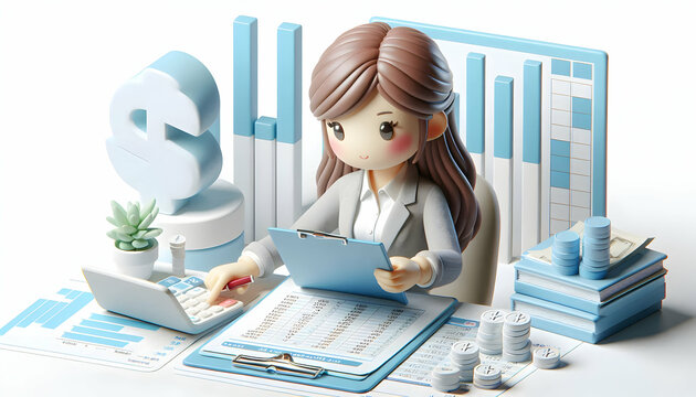 3D Businesswoman analyzing financial spreadsheets in environment setting copy space concept as A businesswoman analyzes financial spreadsheets in an environment setting focusing on marginal cost calcu