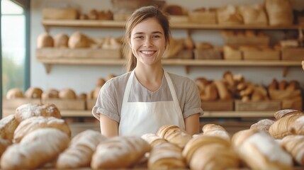 Young attractive French woman smiles happily working in bakery shop. Wears white apron, stands behind display of fresh bread, croissants. Bakery interior visible in background. Small business sells