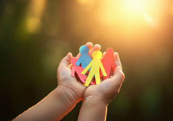 Hands of a Child Holding Paper People Highlighting Happy Family Bonds, Emotional Healing, and Promoting Equality in Society