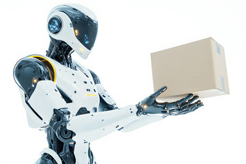Fototapeta premium Humanoid AI robot carrying boxes or holding delivery package on white background. For themes related to technology. Artificial intelligence, automation, logistics concept in distribution warehouse.