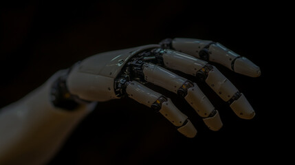 Futuristic Robotic Hand on Dark Blurred Background, Showcasing Artificial Intelligence and Advanced Technology.