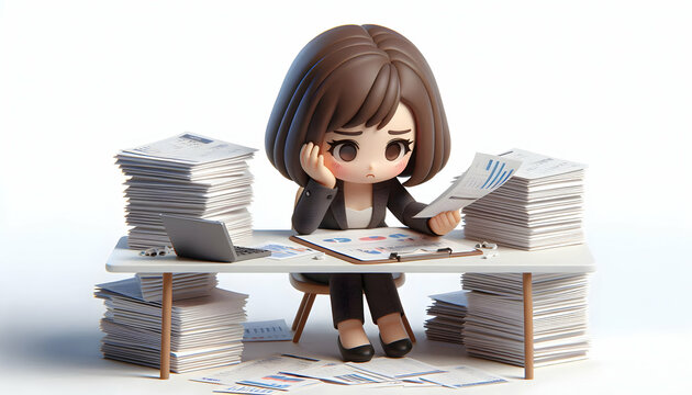 3D Businesswoman feeling anxious while handling financial reports on plain desk copy space concept as A businesswoman feels anxious as she handles complex financial reports on a plain desk representin