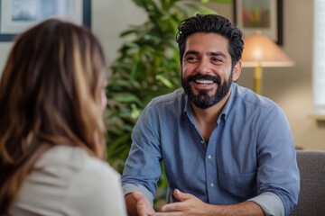 Smiling psychiatrist engages in meaningful dialogue with patient in professional setting