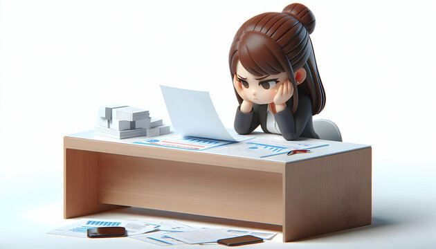 3D Businesswoman feeling frustrated with complex data on plain background copy space concept as A businesswoman feels frustrated while interpreting complex data on a plain background representing chal