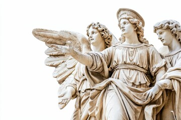Obraz premium Three angelic stone figures; wings, robes, outstretched hand.