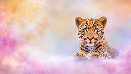 Naklejka premium A digital artwork featuring a wild leopard in a fantasy style, set against a pastel-colored wallpaper background.