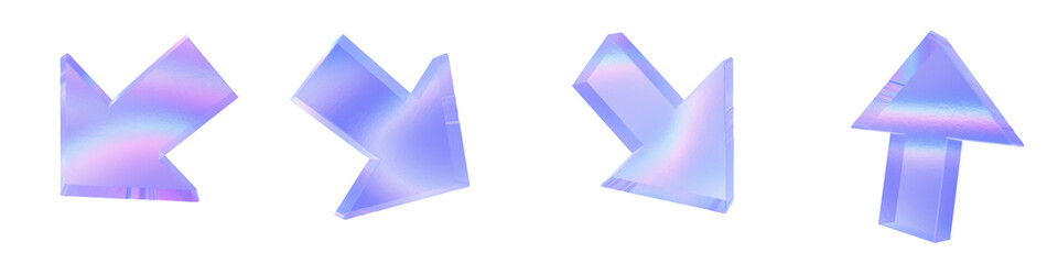 Set of 4 3d glass arrow shape with aberration effect isolated on a transparent background. Blue tone. 3d transparent elements for graphic design.