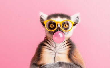 Fototapeta premium A lemur wearing sunglasses and blowing bubble gum in a fashion portrait set against a solid pastel background. Ideal for birthday parties, presentations, advertisements, invitations, with space for