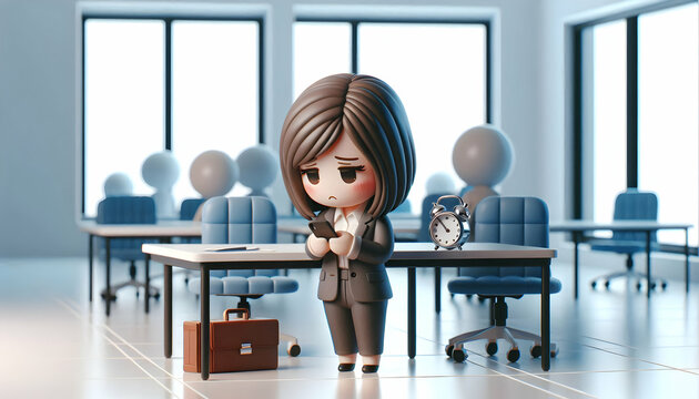 3D Businesswoman feeling isolated while working late in office copy space concept as A businesswoman feels isolated as she works late in an empty office representing the emotional challenges and lonel