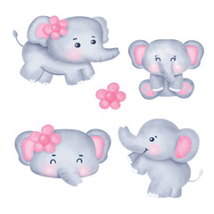 Set of Cute Cartoon Elephant Illustration .