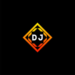 DJ initials dynamic geometric logo design features a bold lettering sign in an orange and black color scheme, displayed against a dark background