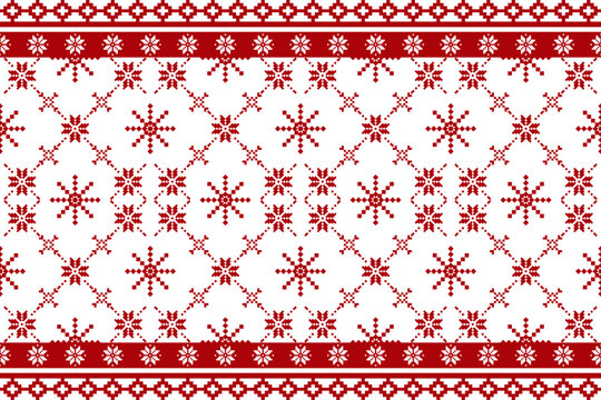 Christmas and New Year seamless pattern. Red snowflakes on white pixel pattern for winter hat,sweater, wrapping,fabric or other designs.