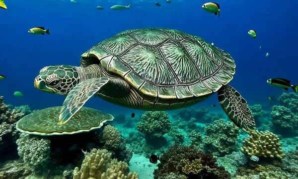 A green sea turtle glides gracefully through a vibrant coral reef