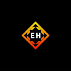 EH initials dynamic geometric logo design features a bold lettering sign in an orange and black color scheme, displayed against a dark background