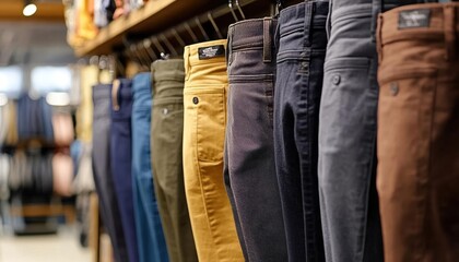 A display of various colored pants hanging in a retail store.