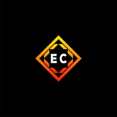 EC initials dynamic geometric logo design features a bold lettering sign in an orange and black color scheme, displayed against a dark background