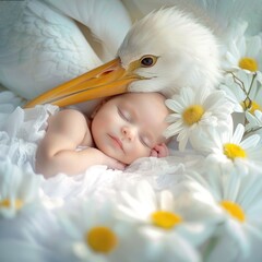 Sleeping newborn baby and white stork in the beak
