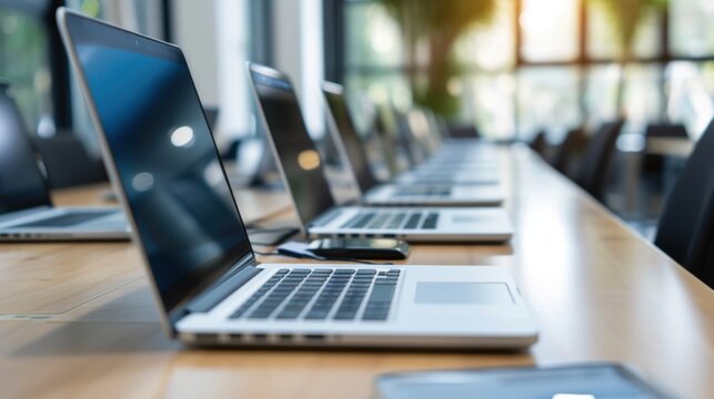 Many identical laptops are standing in a row in a modern conference room, ready for a business meeting or training session, representing innovative production