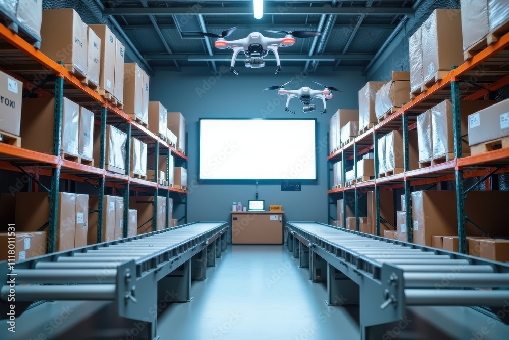 Poster futuristic warehouse with drones and automated systems for efficient inventory management and stream