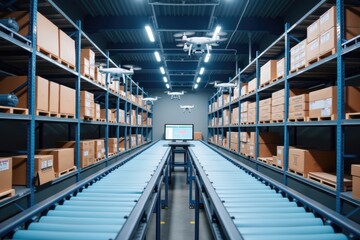 Obraz premium Advanced Warehouse Automation with Drones and Conveyor Systems in Modern Distribution Center