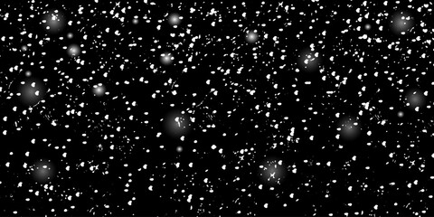 Snow pattern. Snowstorm on black background. Flying snowflakes at night. Snowfall texture.