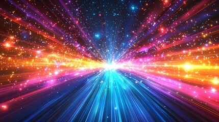A modern illustration featuring neon pink, blue, purple, and white rays in a circular motion, creating a space route perspective, with a magical superpower flash and an explosion energy effect.