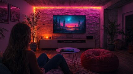 A cartoon interior of a home gaming area designed for playing online video games, featuring a purple lounge with neon glowing elements on the walls, a TV with a console and joystick, and a beanbag