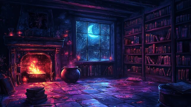 In a fantasy tower with a gothic interior, a dark Halloween alchemist's house features a staircase, a cauldron, and a mirror illuminated by moonlight from a window, along with a glowing spell book.