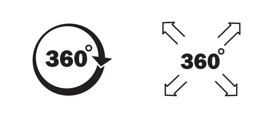 360 degrees icon set. Rotation and angle of views. Simulation and virtual reality, VR. Panorama and rotation. Logotype and emblem. Flat vector collection