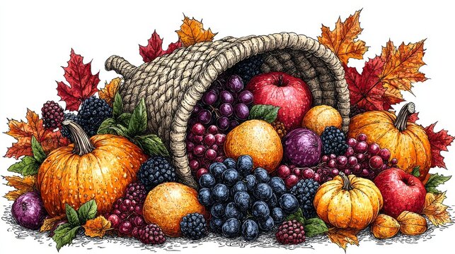 recommend clip art: The Horn of Plenty. A cornucopia for Thanksgiving, brimming with autumn fruits and vegetables. A contemporary illustration coloring page featuring line art.