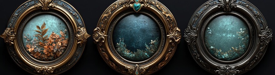 Silver round achievement rings for fantasy UI, featuring rank border badges and stone and metal interface assets for RPG character awards. Empty golden and white reward graphics are also included.