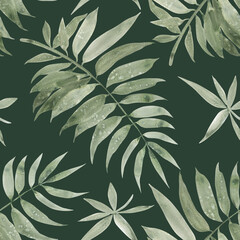 Naklejka premium Watercolor bamboo tropical tree palm leaves branches illustration. Seamless pattern on green background. Floral elements, palm leaf. Hand-painted. For print, bags, cards, fabric, design, textile