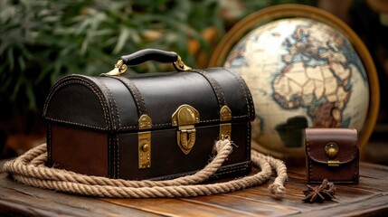 Vintage leather chest and rope sit atop a wooden table, inviting thoughts of adventure and exploration amidst a blurred world map setting