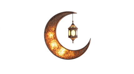 Icon of a crescent moon with hanging lanterns, on a white background