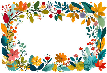 Fototapeta premium Vibrant floral border design featuring colorful flowers and leaves in autumn hues