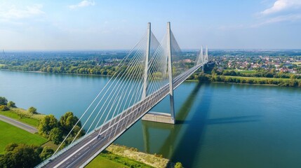 Obraz premium Aerial view of a modern cable-stayed bridge spanning a river, surrounded by greenery.