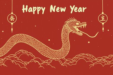 Festive chinese new year dragon with lanterns on red background