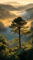 Fototapeta premium Majestic tree stands tall in misty forest at dawn