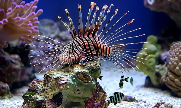 A lionfish darts through a vibrant underwater coral reef