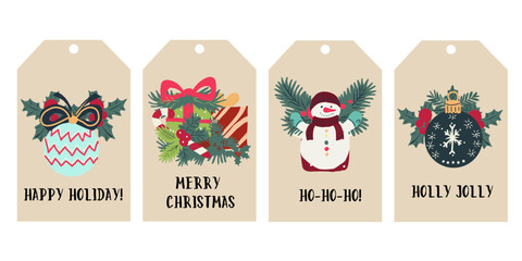 Vector set of decorative Christmas gift tags with good wishes and  Christmas ornaments. Hand drawn flat design.