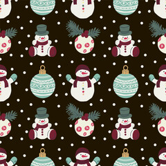 Hand drawn vector Christmas seamless pattern. Gift box, Santa Claus, snowman, Christmas ornaments.