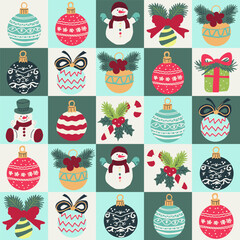 Hand drawn vector Christmas seamless pattern. Gift box, Santa Claus, snowman, Christmas ornaments.