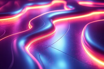 Fototapeta premium An abstract 3D backdrop with a translucent purple wave on a black base, complemented by iridescent purple waves and a liquid glass effect.