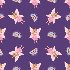 Magical Seamless Pattern with Fairies. Design for fabric, textile, wallpaper, packaging, nursery.	