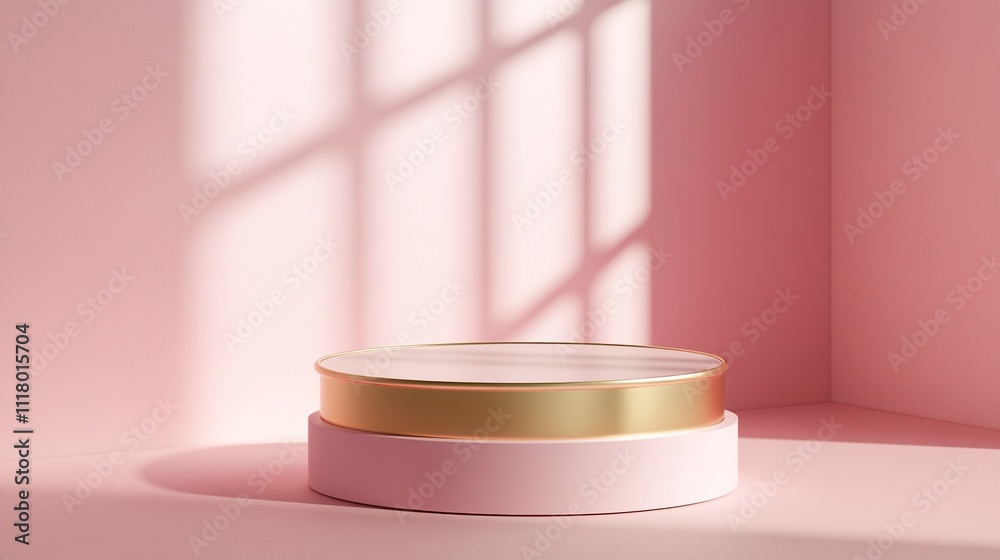 Sticker Delicate pink empty podium, with delicate Pink background and light gold heart shape, valentines day celebration, for valentines products, 3D Render.