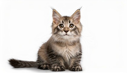 Obraz premium Cute cat sitting against a plain white background, highlighting its adorable features